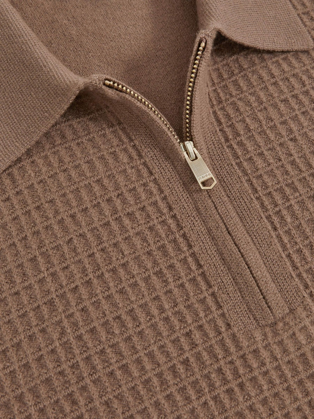 Reiss | Wool Waffle-Knit Half-Zip Polo Shirt in Camel Brown