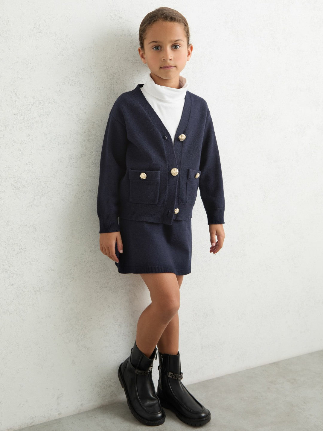 Reiss | 3-9 yrs Knitted Embossed-Button Cardigan in Navy