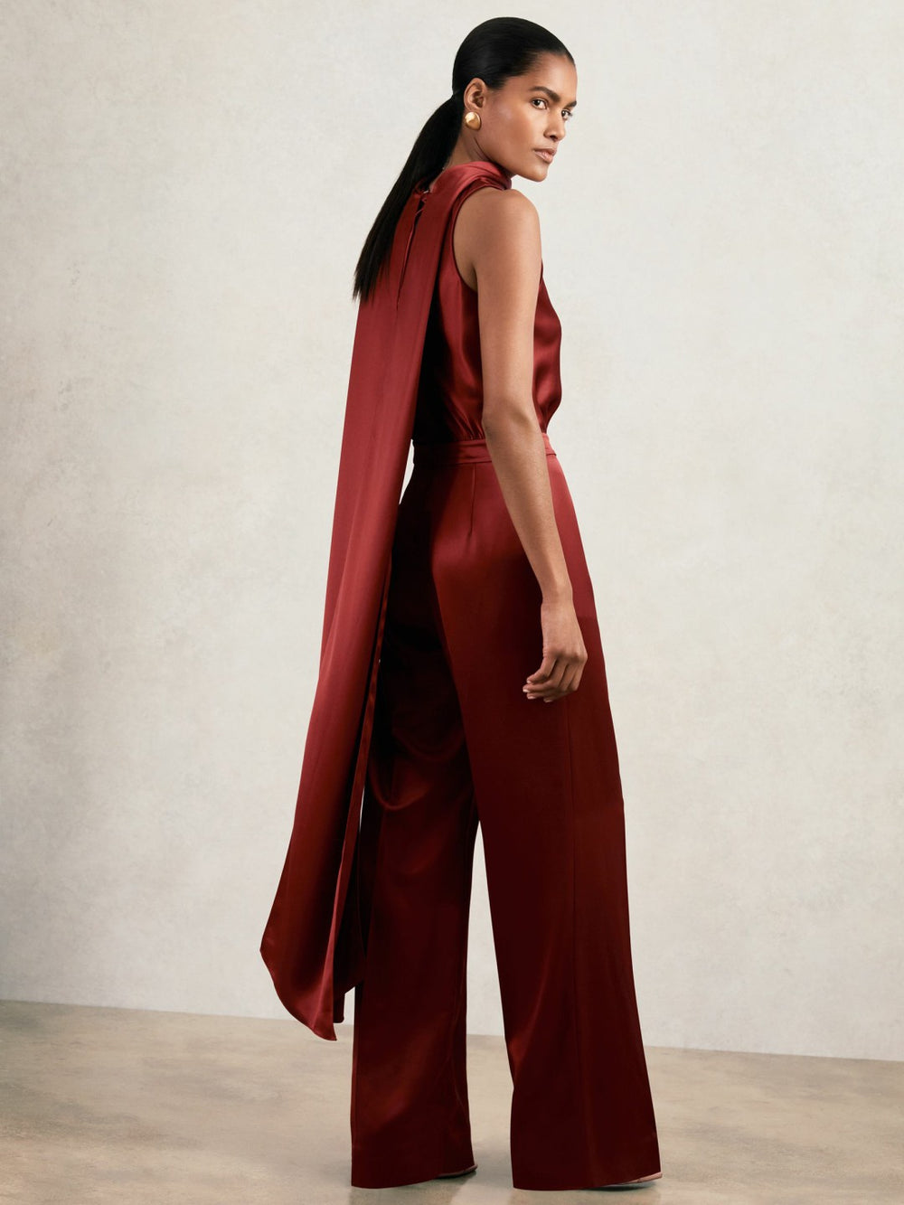 Reiss | Satin Cape-Sash Jumpsuit in Dark Red