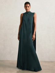 Reiss | Petite Crepe Cape Maxi Dress in Teal Green