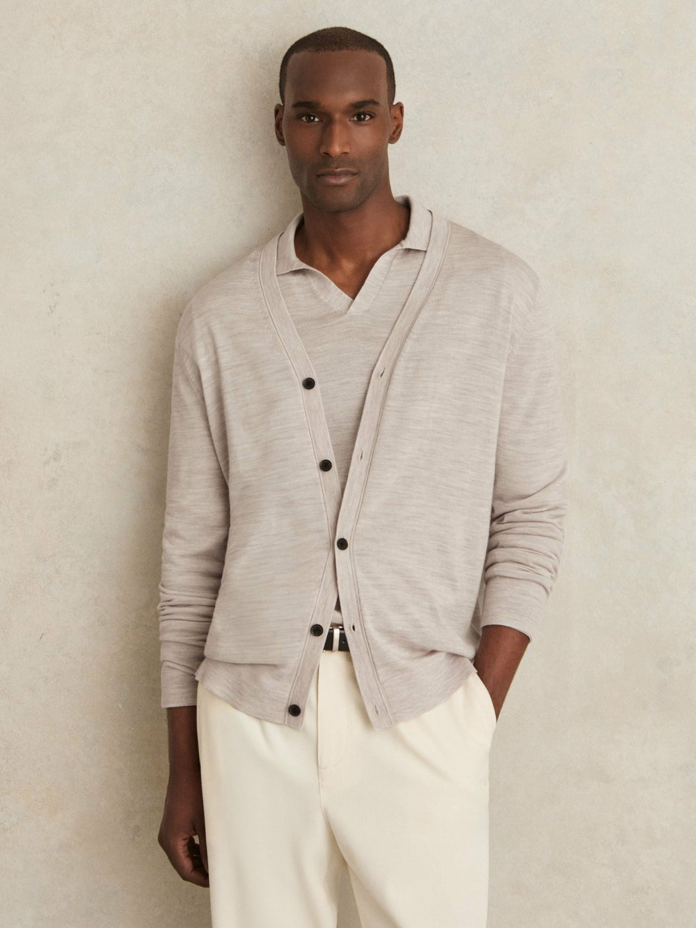 Reiss | Merino Wool Button-Through Cardigan in Wicker Brown Melange