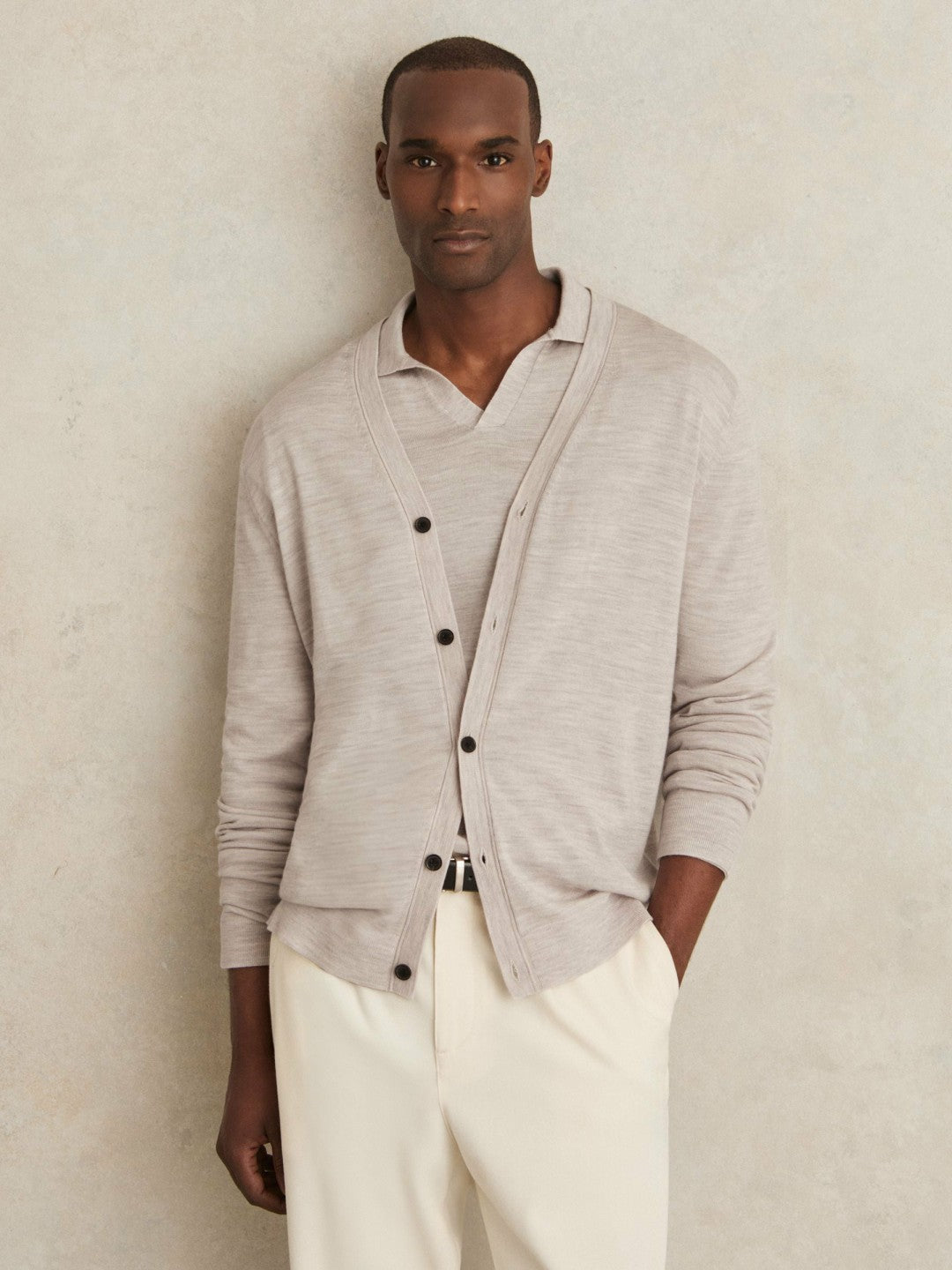Reiss | Merino Wool Button-Through Cardigan in Wicker Brown Melange