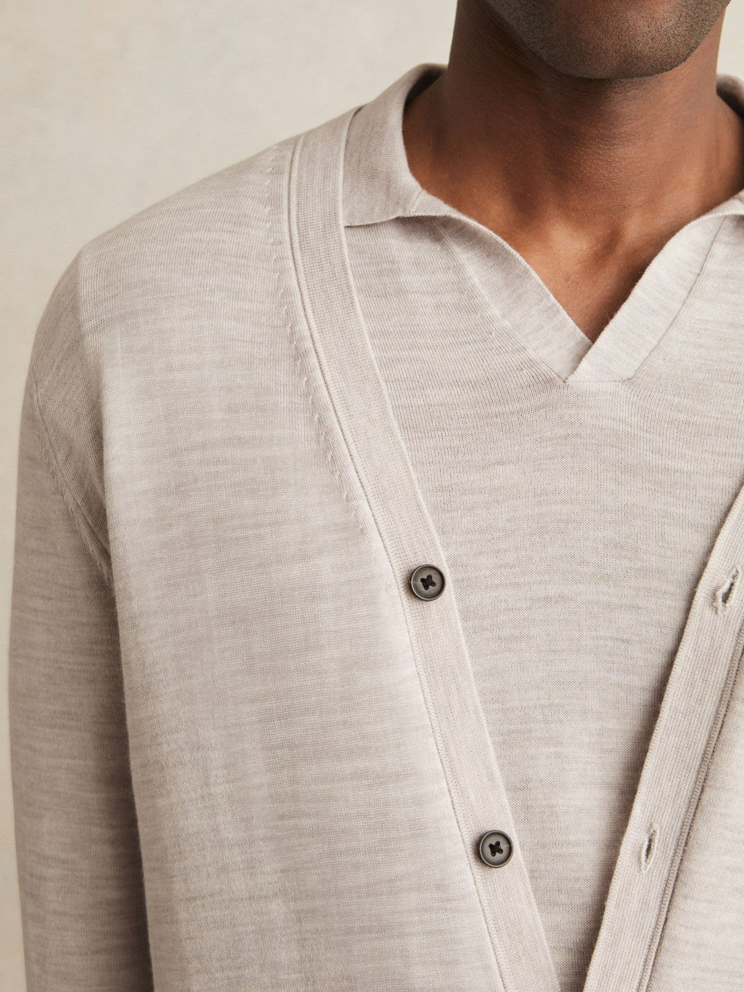 Reiss | Merino Wool Button-Through Cardigan in Wicker Brown Melange
