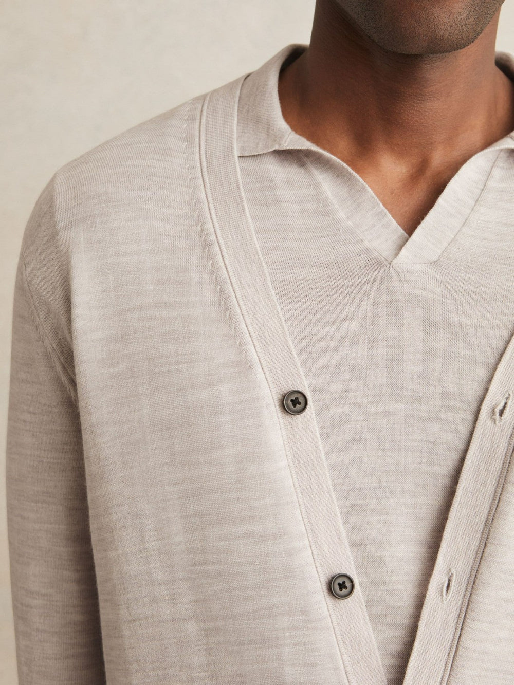 Reiss | Merino Wool Button-Through Cardigan in Wicker Brown Melange