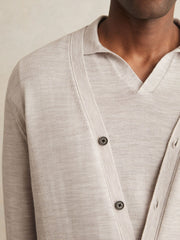 Reiss | Merino Wool Button-Through Cardigan in Wicker Brown Melange