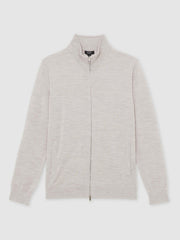 Reiss | Merino Wool Zip Through Cardigan in Wicker Brown Melange