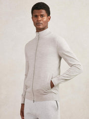 Reiss | Merino Wool Zip Through Cardigan in Wicker Brown Melange