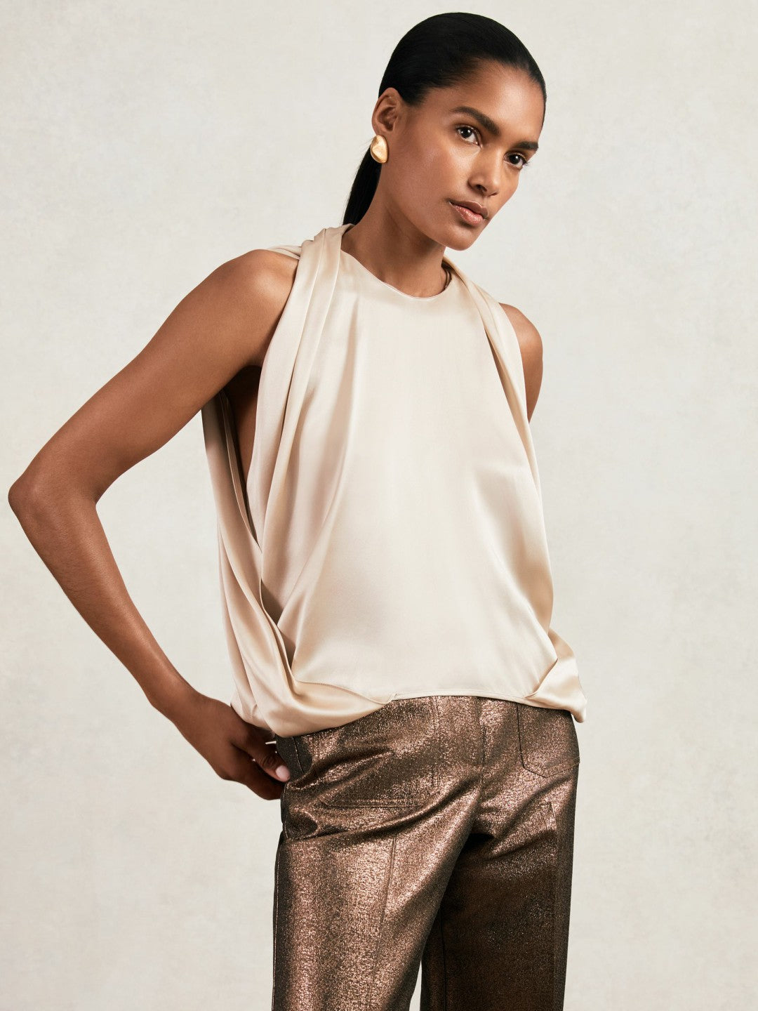 Reiss | Silk Draped Sleeveless Top in Champagne Neutral