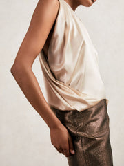Reiss | Silk Draped Sleeveless Top in Champagne Neutral