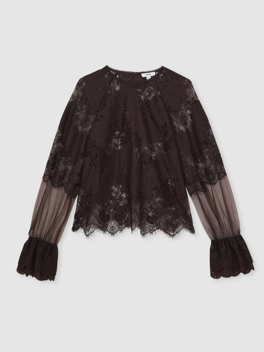 Reiss | Lace Flared Cuff Blouse in Chocolate Brown