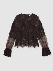 Reiss | Lace Flared Cuff Blouse in Chocolate Brown