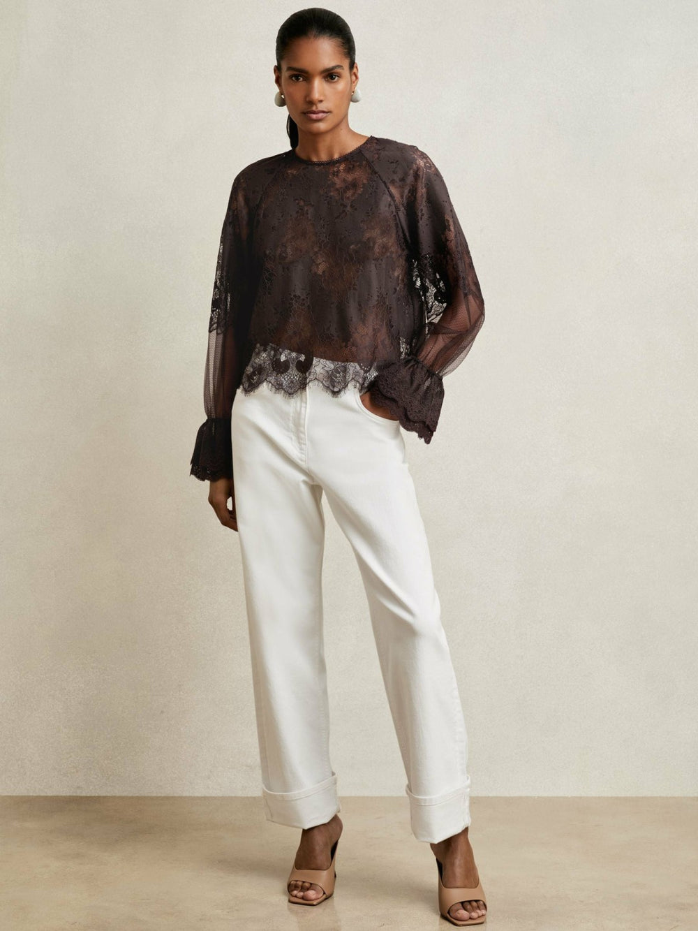 Reiss | Lace Flared Cuff Blouse in Chocolate Brown