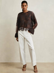 Reiss | Lace Flared Cuff Blouse in Chocolate Brown