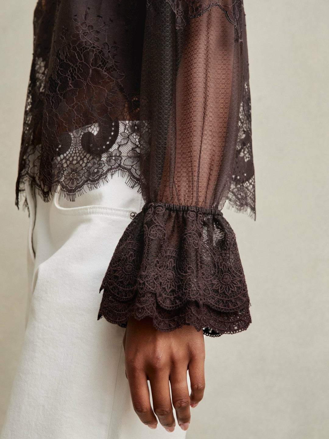 Reiss | Lace Flared Cuff Blouse in Chocolate Brown