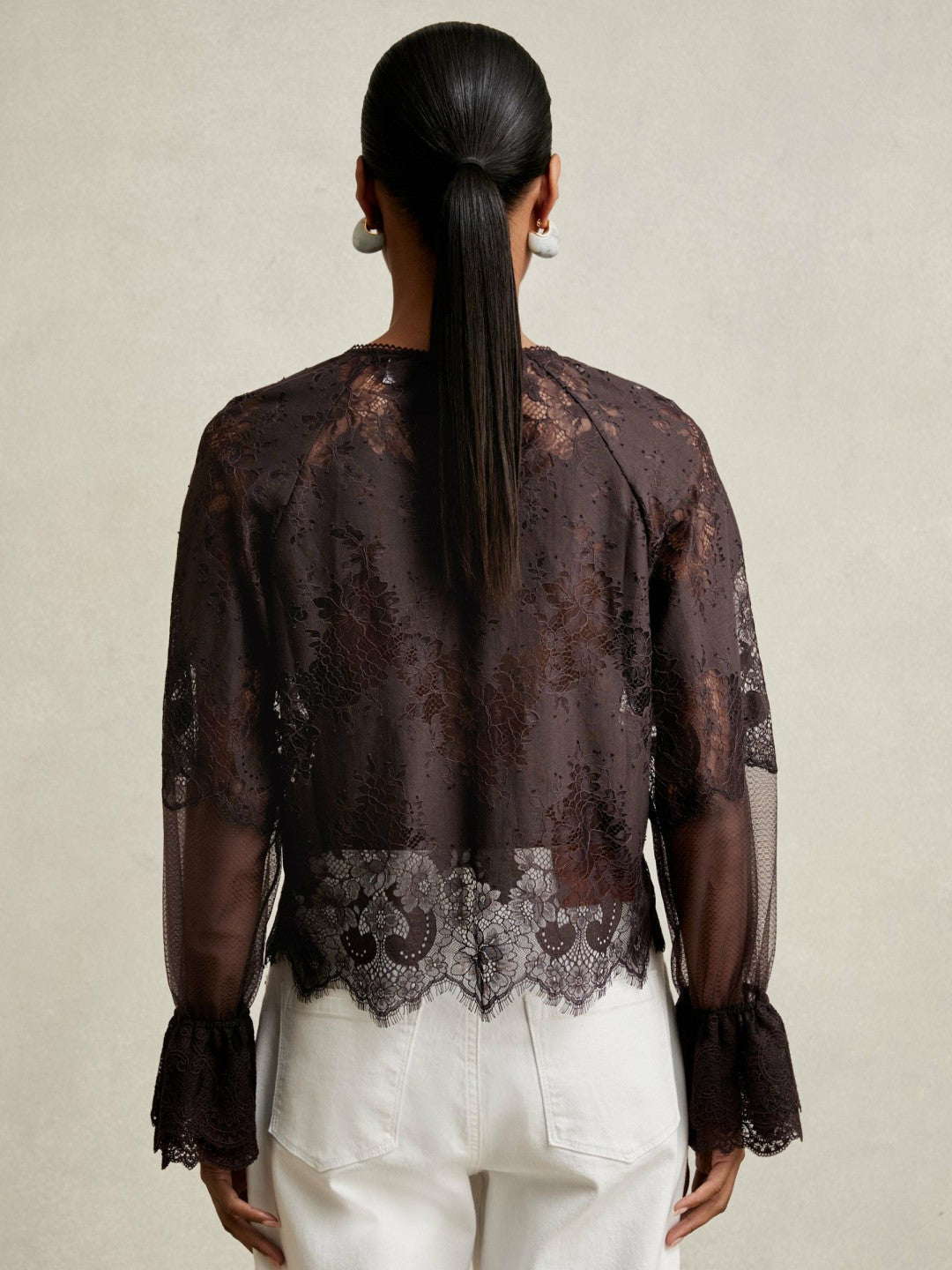 Reiss | Lace Flared Cuff Blouse in Chocolate Brown