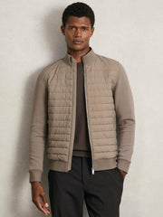 Reiss | Hybrid Quilt and Knit Zip-Through Jacket in Taupe Brown