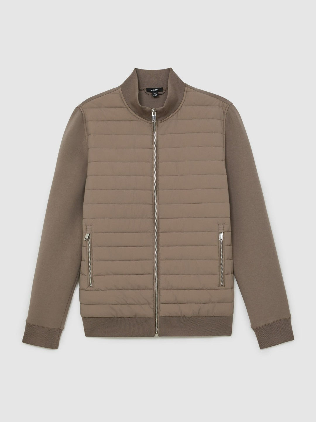 Reiss | Hybrid Quilt and Knit Zip-Through Jacket in Taupe Brown