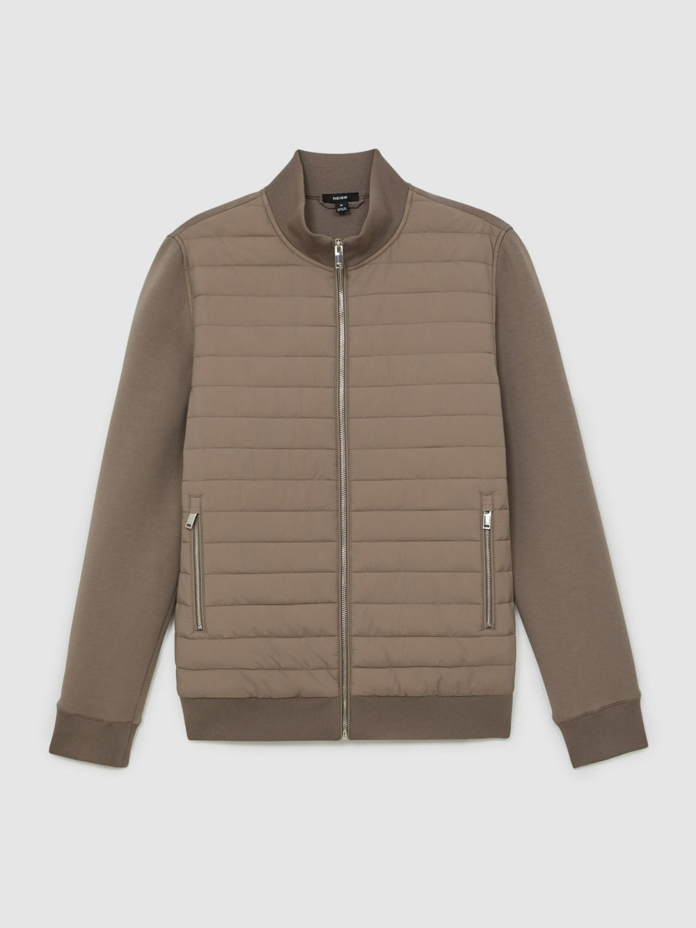 Reiss | Hybrid Quilt and Knit Zip-Through Jacket in Taupe Brown
