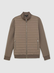 Reiss | Hybrid Quilt and Knit Zip-Through Jacket in Taupe Brown