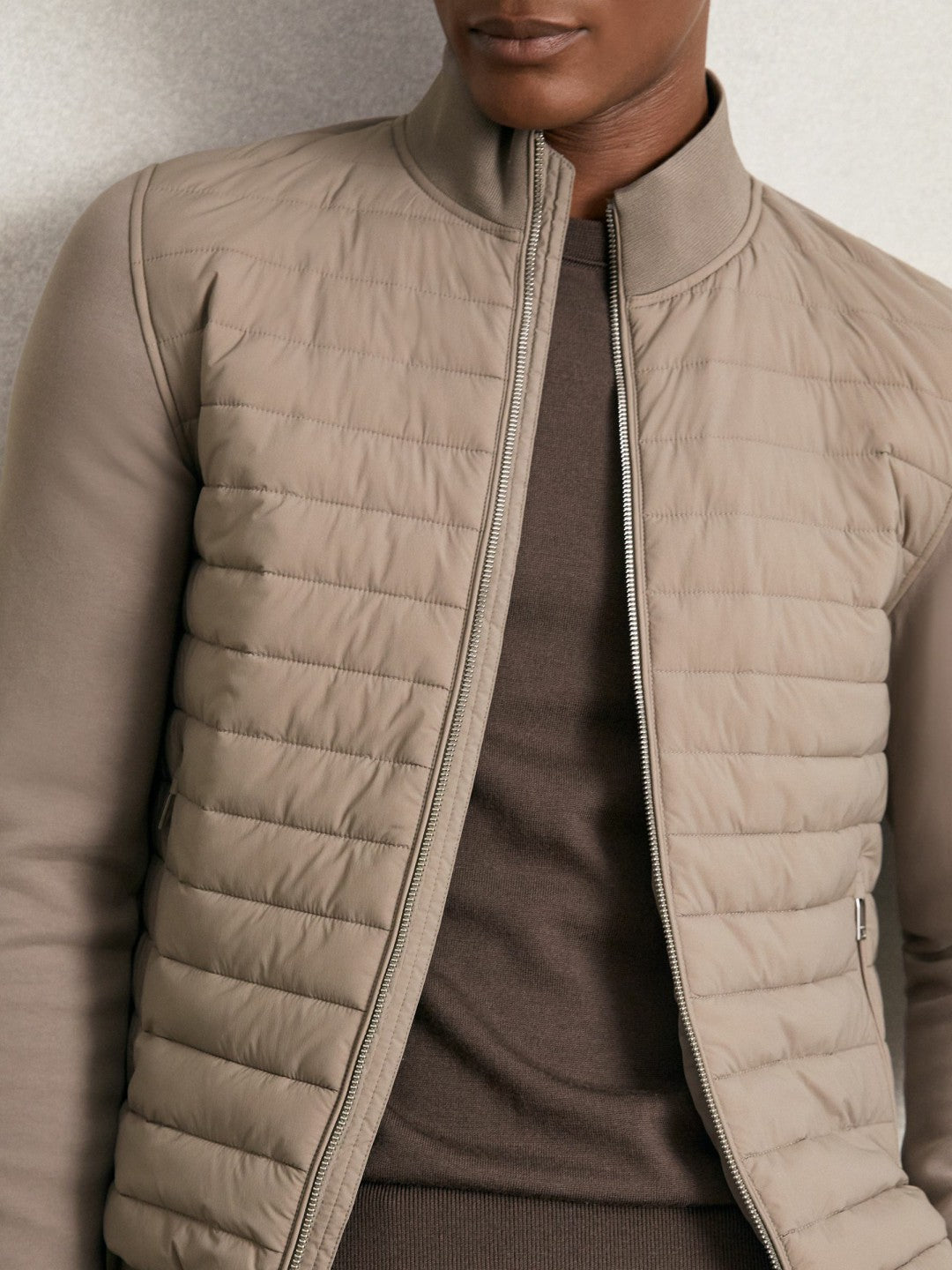 Reiss | Hybrid Quilt and Knit Zip-Through Jacket in Taupe Brown