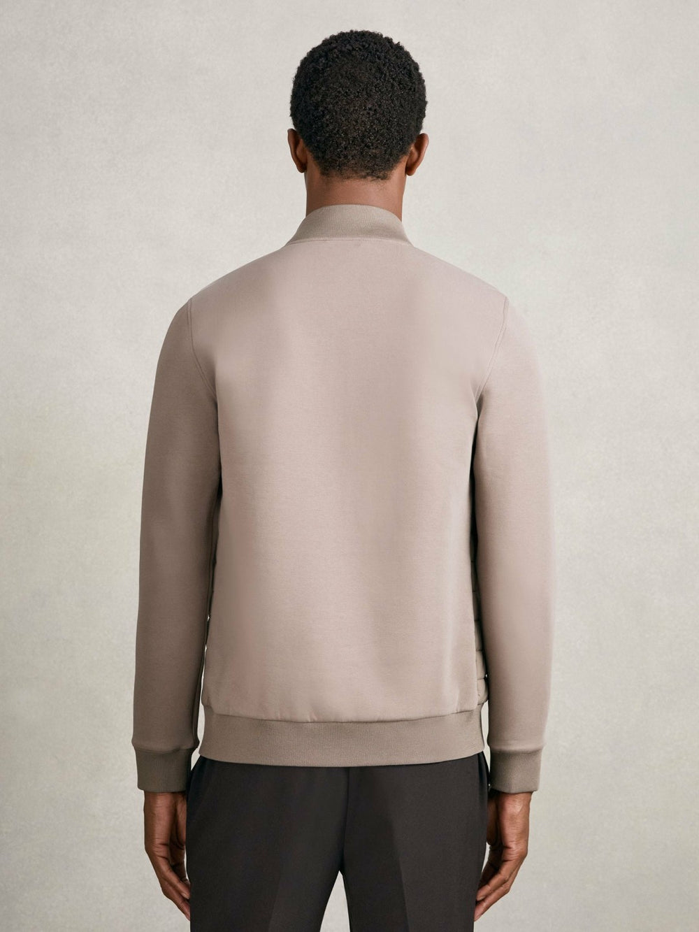 Reiss | Hybrid Quilt and Knit Zip-Through Jacket in Taupe Brown