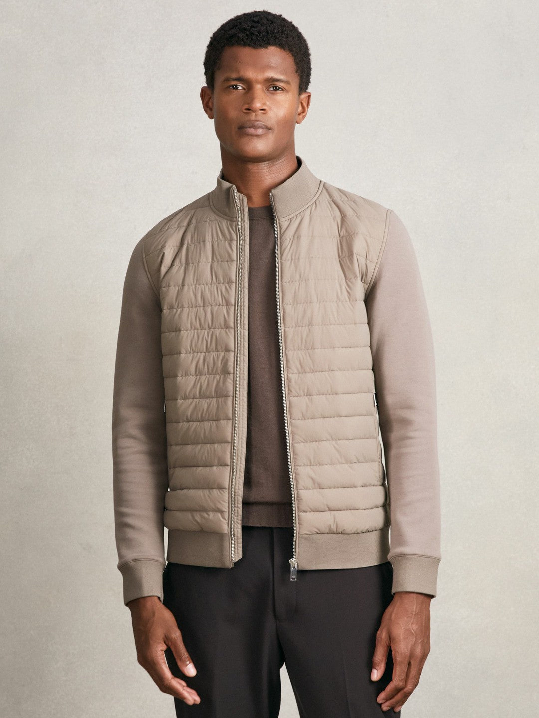 Reiss | Hybrid Quilt and Knit Zip-Through Jacket in Taupe Brown