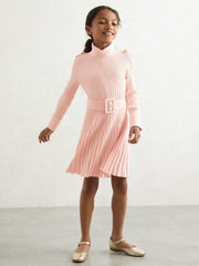 Reiss | 3-9 yrs Rib-Knit Roll-Neck Belted Dress in Pink