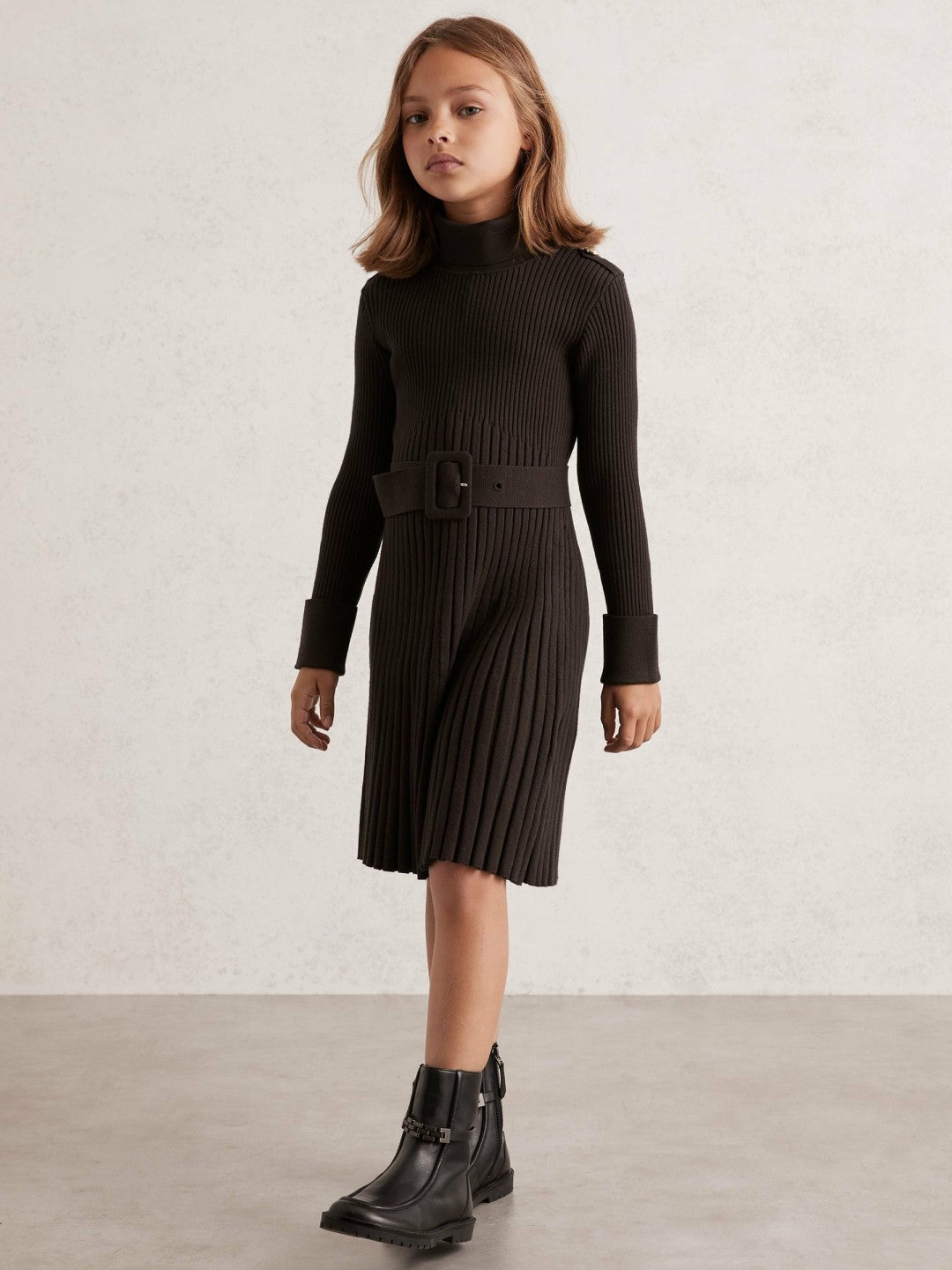 Reiss | 3-9 yrs Rib-Knit Roll-Neck Belted Dress in Chocolate