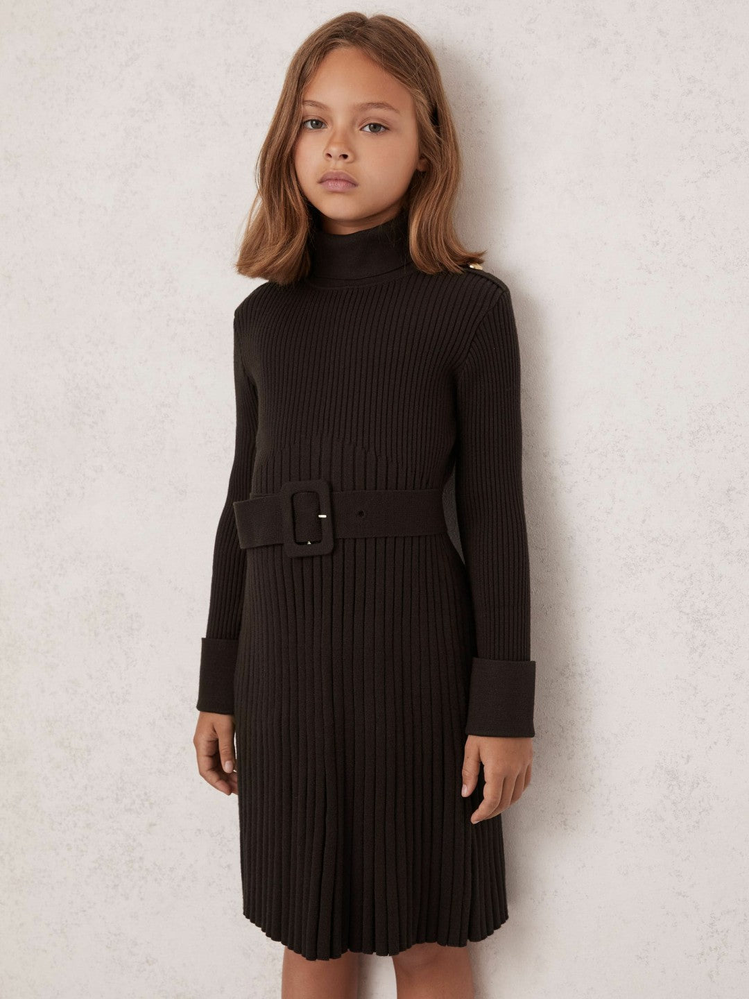 Reiss | 3-9 yrs Rib-Knit Roll-Neck Belted Dress in Chocolate