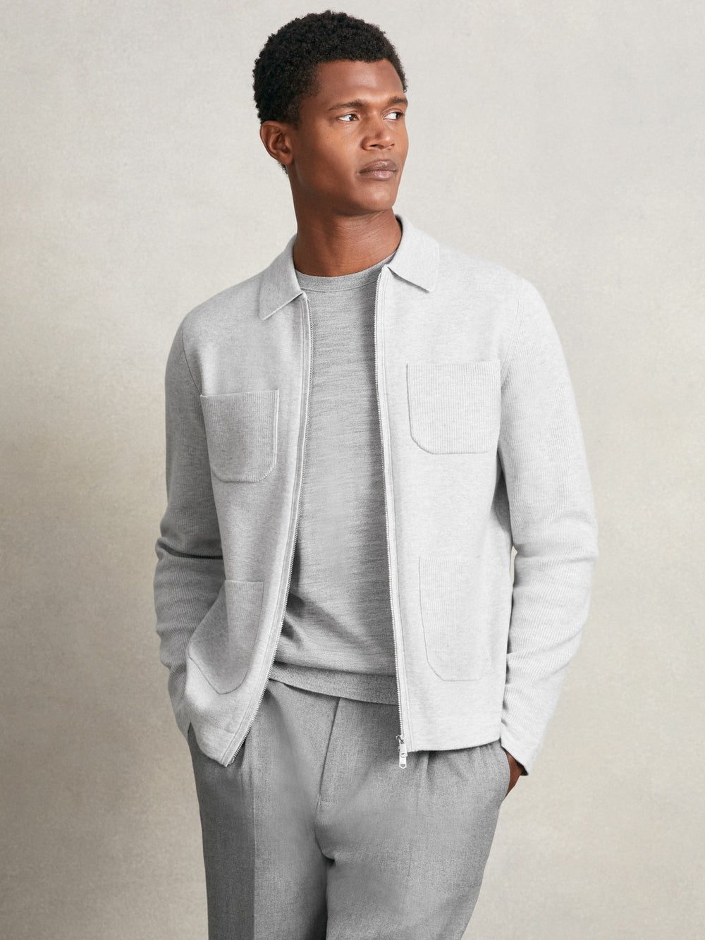 Reiss | Four-Pocket Zip-Through Cardigan in Soft Grey
