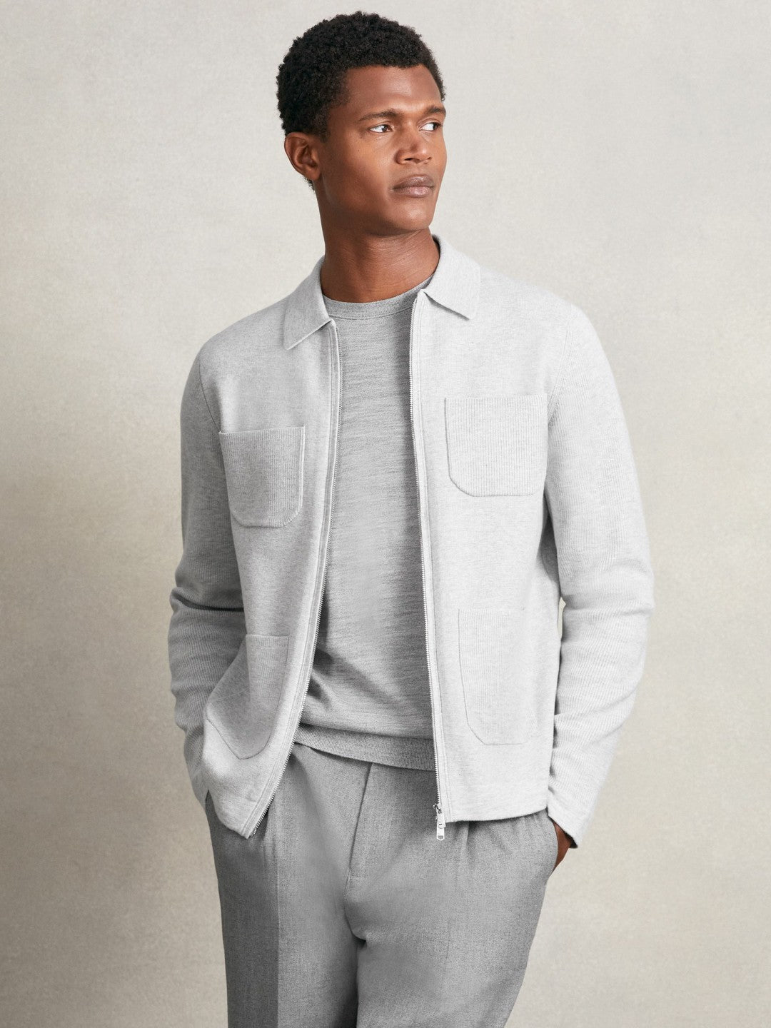 Reiss | Four-Pocket Zip-Through Cardigan in Soft Grey
