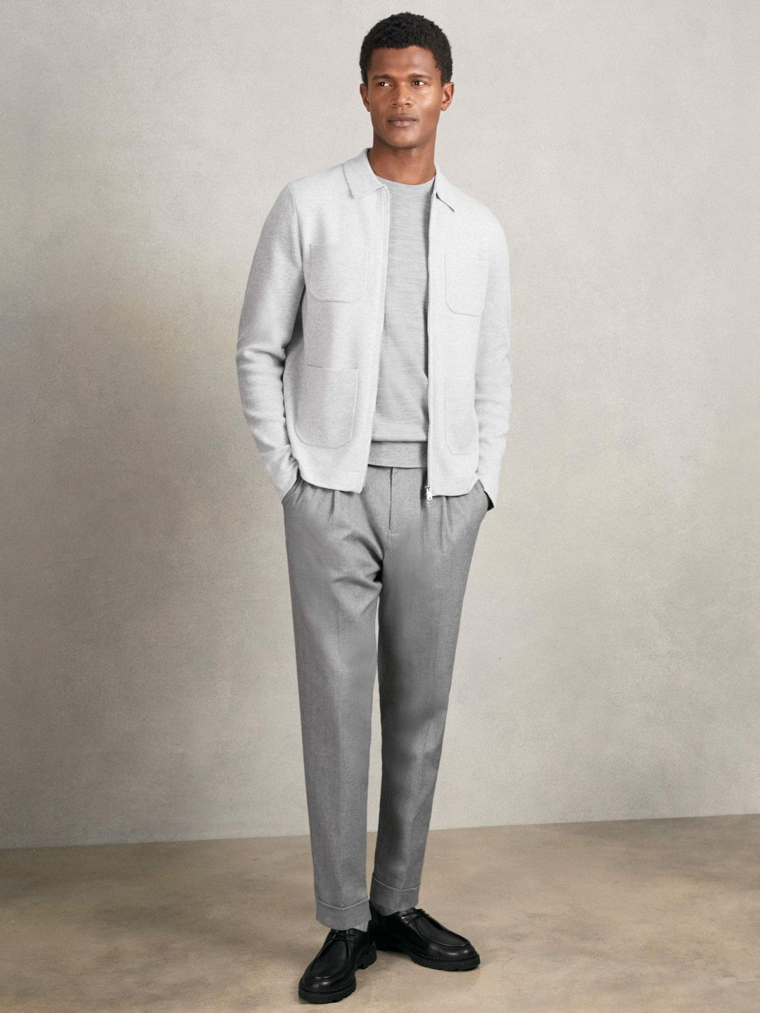 Reiss | Four-Pocket Zip-Through Cardigan in Soft Grey