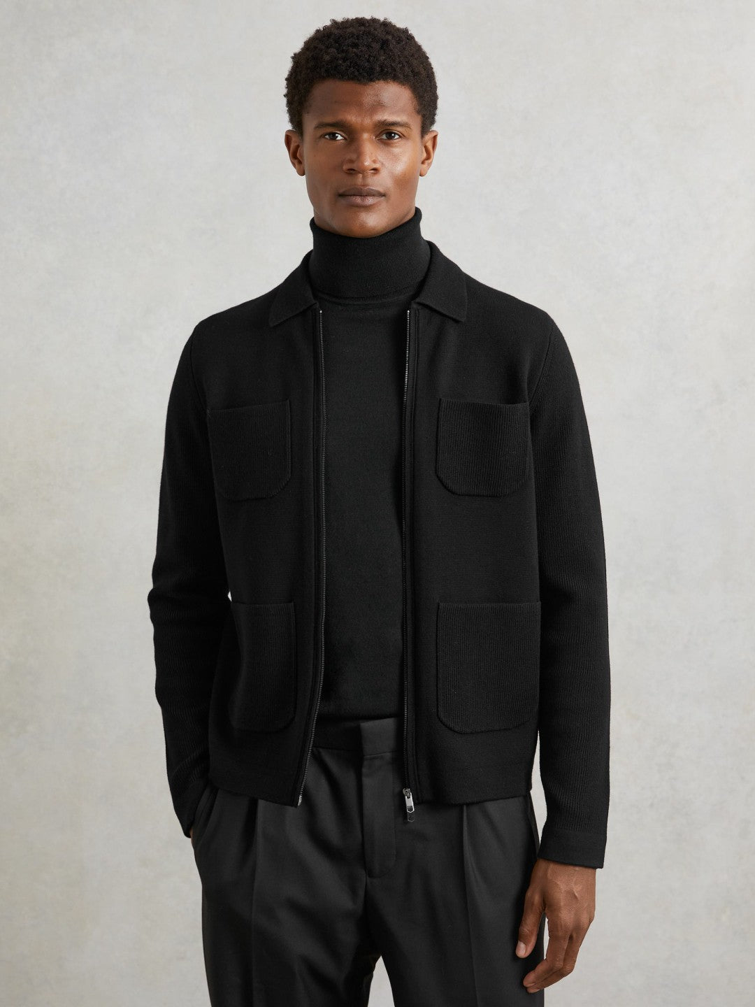Reiss | Four-Pocket Zip-Through Cardigan in Black