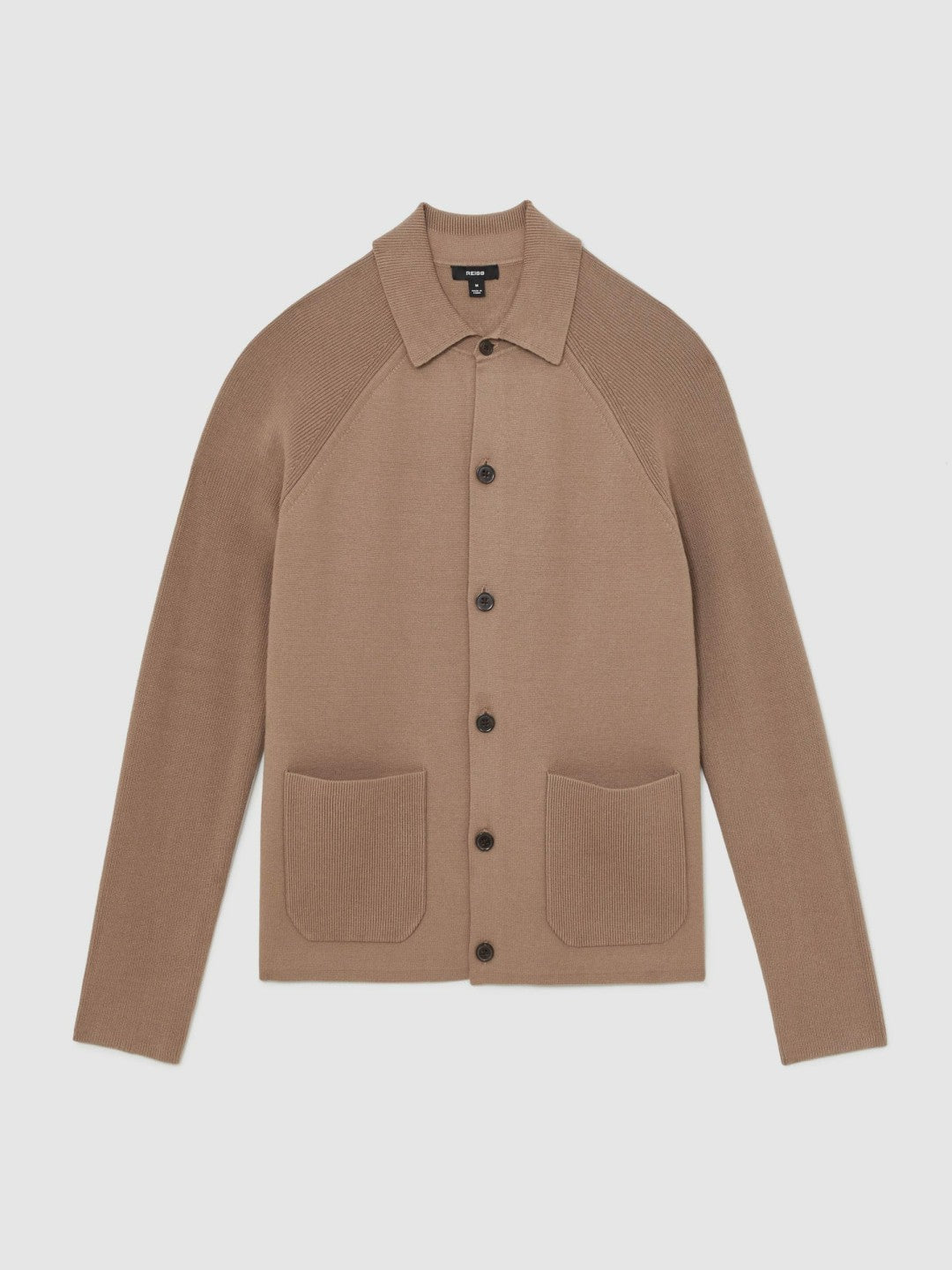 Reiss | Button-Through Ribbed-Sleeve Shirt in Camel Brown