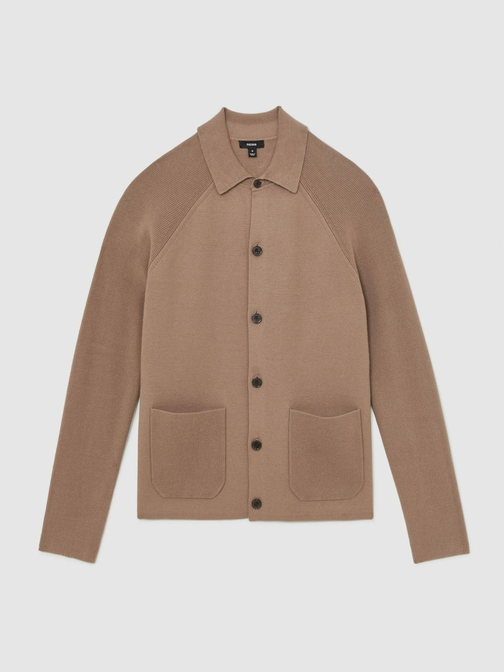 Reiss | Button-Through Ribbed-Sleeve Shirt in Camel Brown