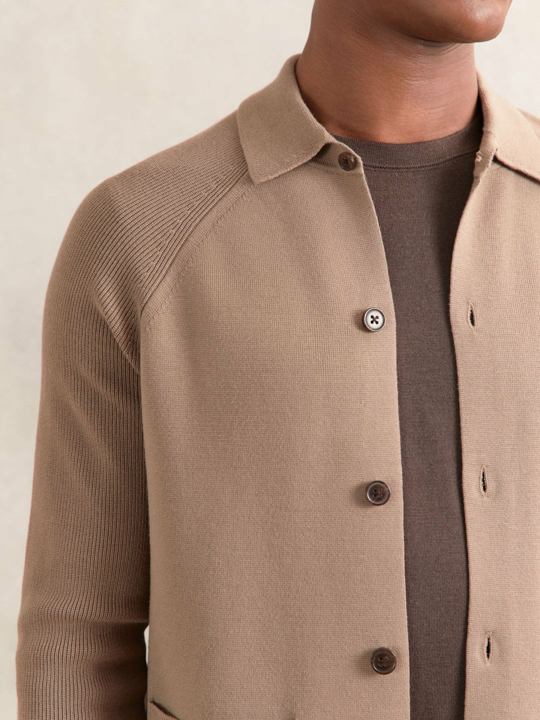 Reiss | Button-Through Ribbed-Sleeve Shirt in Camel Brown