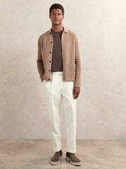 Reiss | Button-Through Ribbed-Sleeve Shirt in Camel Brown