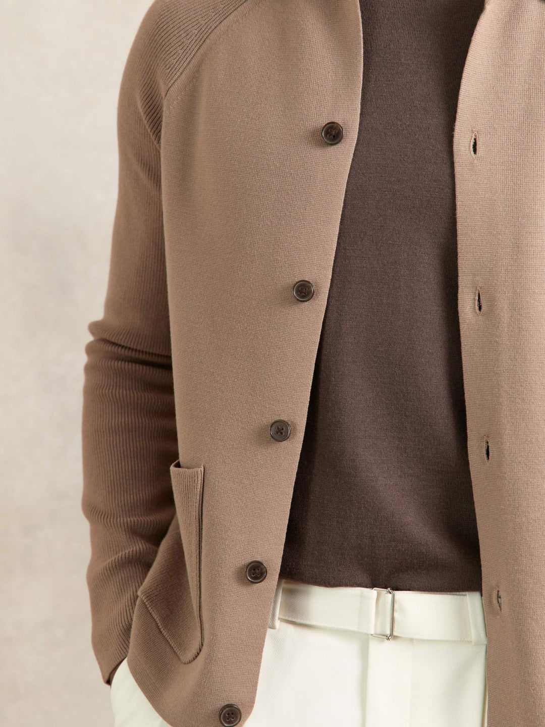 Reiss | Button-Through Ribbed-Sleeve Shirt in Camel Brown