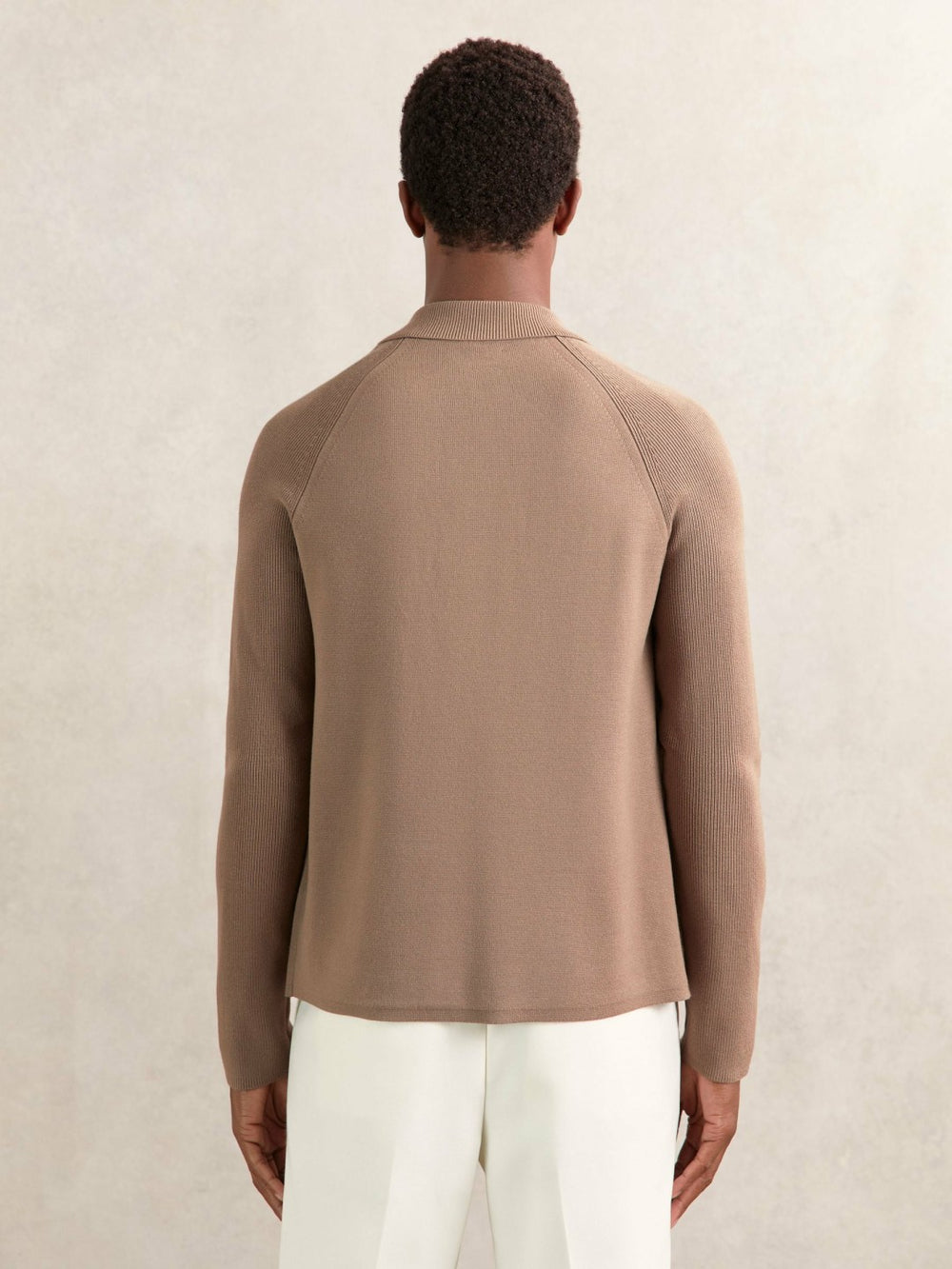 Reiss | Button-Through Ribbed-Sleeve Shirt in Camel Brown