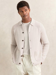 Reiss | Button-Through Ribbed-Sleeve Shirt in Oatmeal Brown
