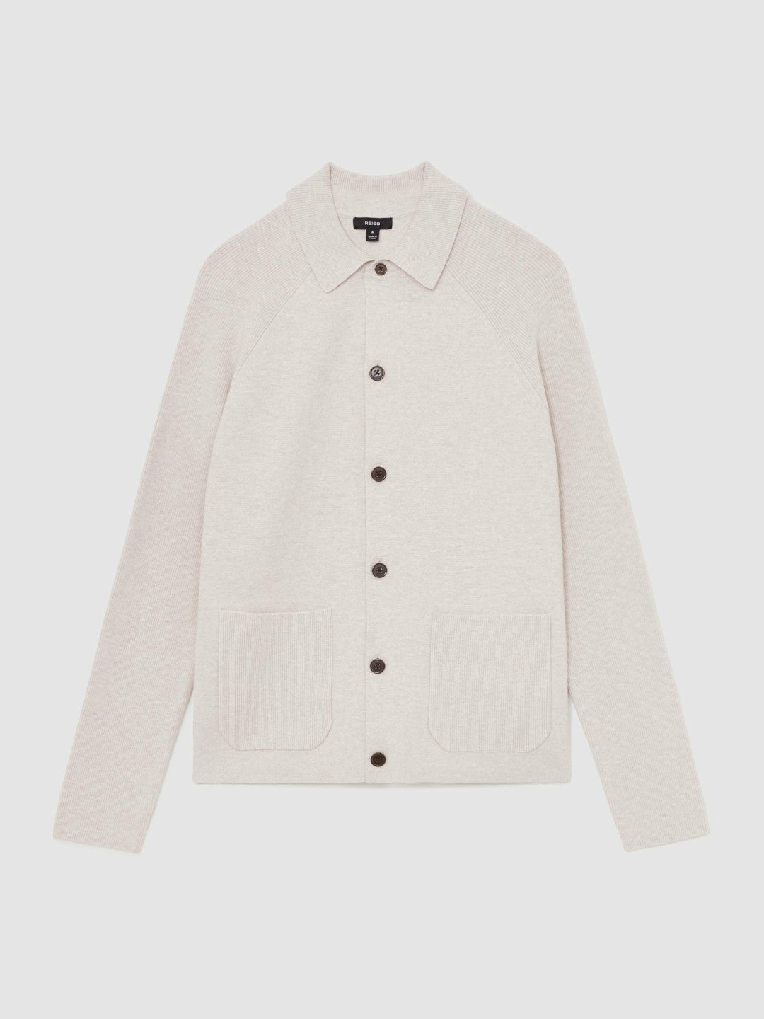 Reiss | Button-Through Ribbed-Sleeve Shirt in Oatmeal Brown