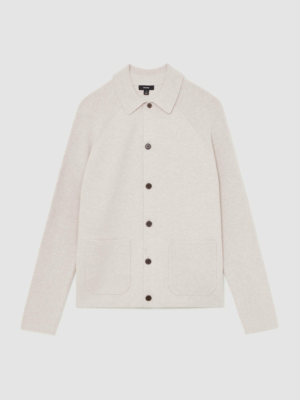 Reiss | Button-Through Ribbed-Sleeve Shirt in Oatmeal Brown