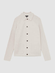 Reiss | Button-Through Ribbed-Sleeve Shirt in Oatmeal Brown