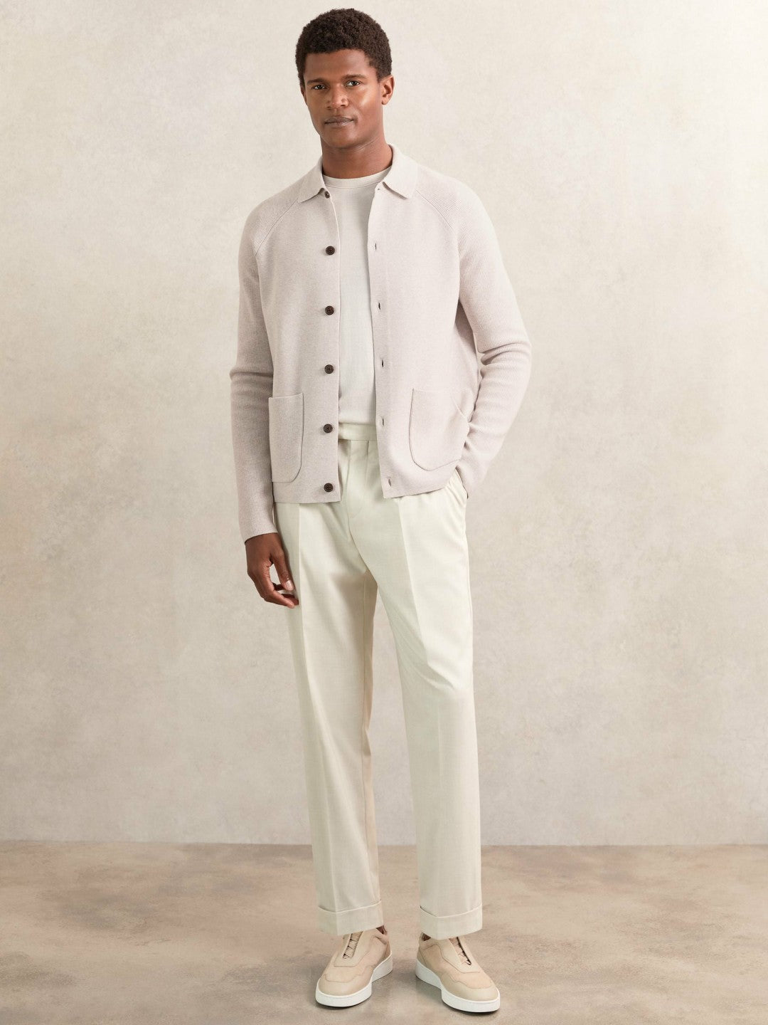 Reiss | Button-Through Ribbed-Sleeve Shirt in Oatmeal Brown