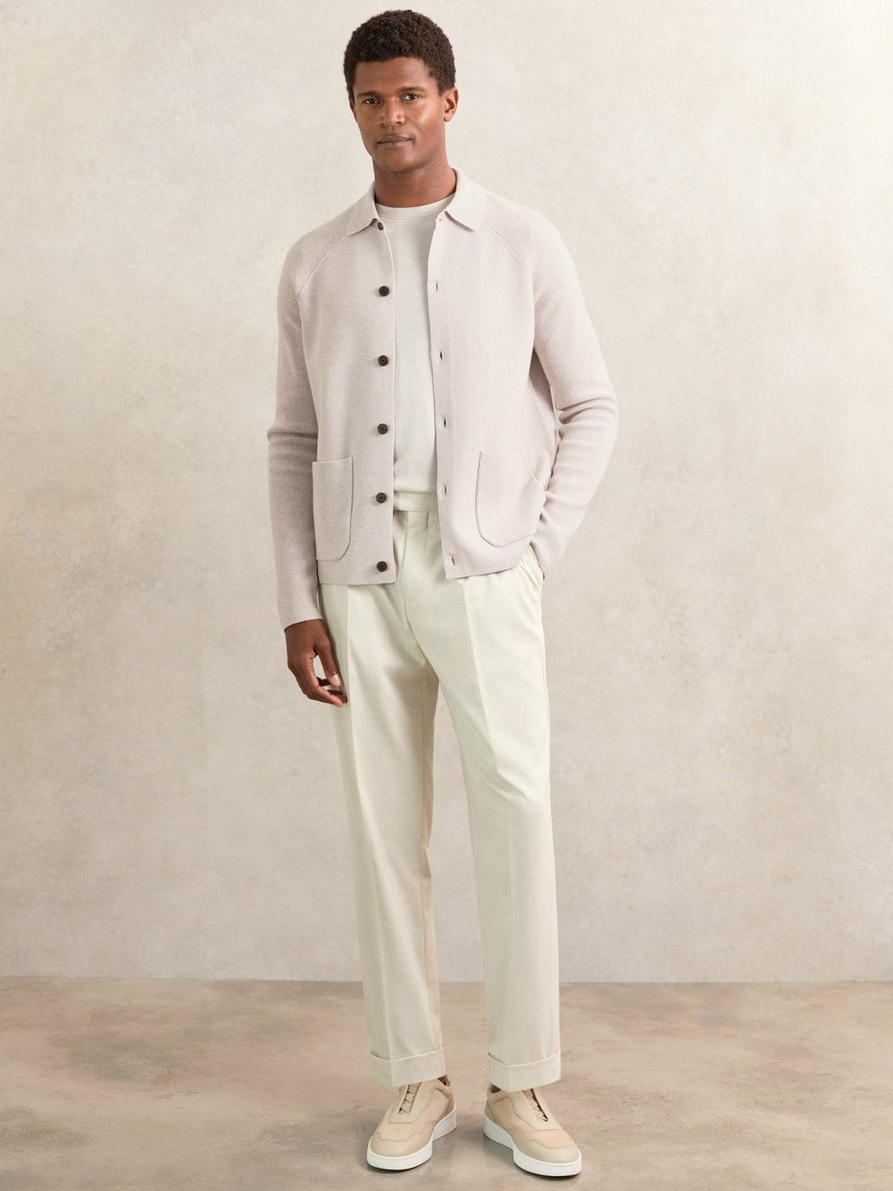 Reiss | Button-Through Ribbed-Sleeve Shirt in Oatmeal Brown