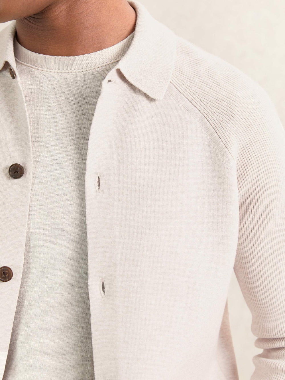 Reiss | Button-Through Ribbed-Sleeve Shirt in Oatmeal Brown