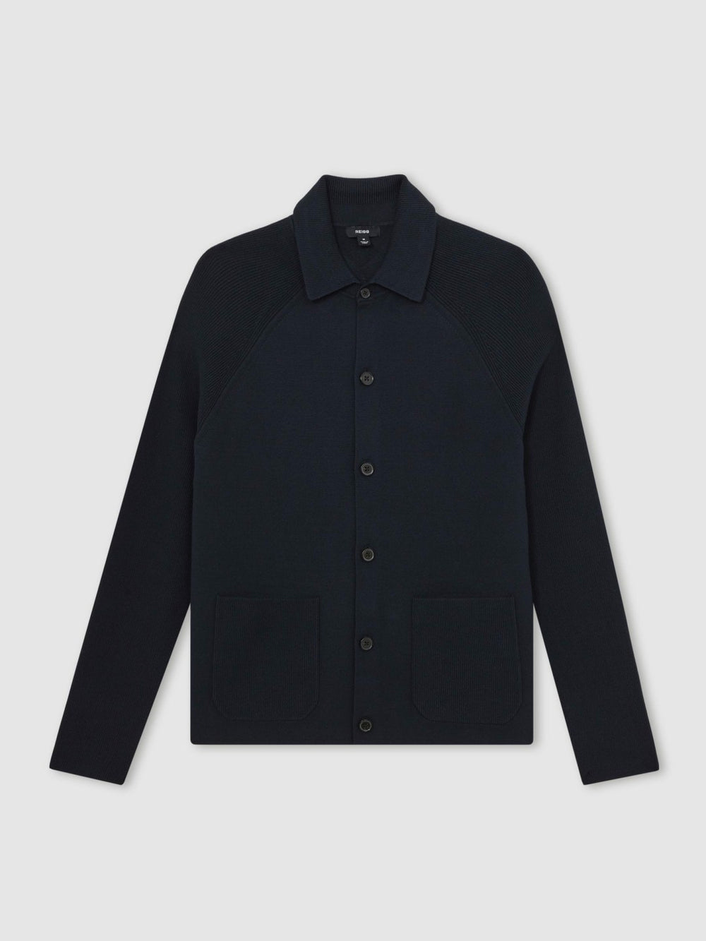 Reiss | Button-Through Ribbed-Sleeve Shirt in Navy Blue