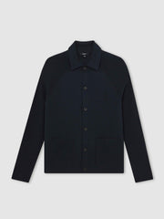 Reiss | Button-Through Ribbed-Sleeve Shirt in Navy Blue