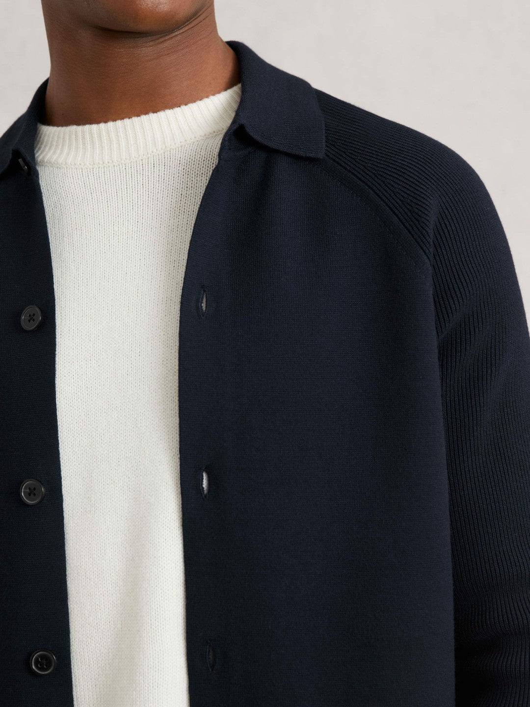 Reiss | Button-Through Ribbed-Sleeve Shirt in Navy Blue