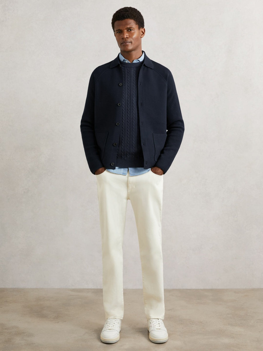 Reiss | Button-Through Ribbed-Sleeve Shirt in Navy Blue
